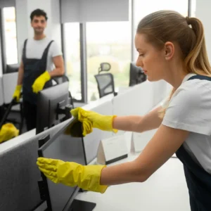 Professional cleaners disinfecting office workspace and computer monitors – commercial cleaning and workplace hygiene management.